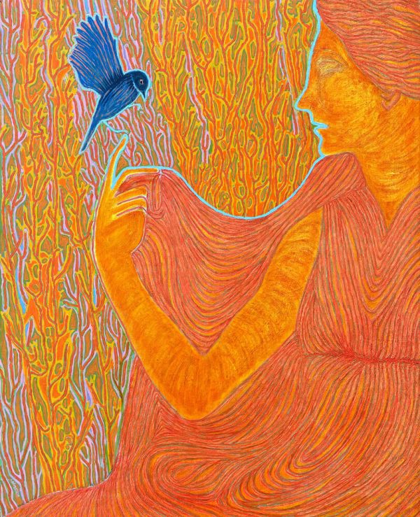Lady with bird, oil painting by Jolanta Johnsson